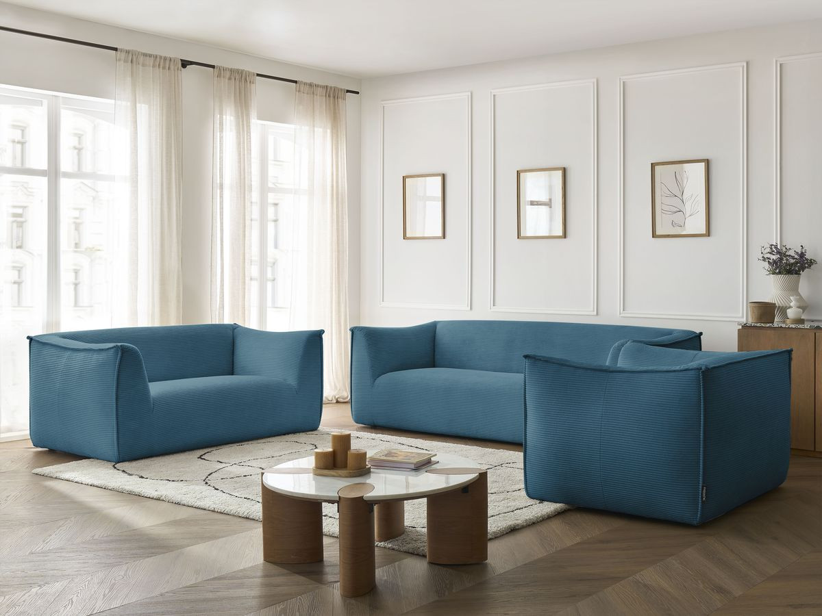 Ensemble canapé droit 3 + 2 places + fauteuil GIORGIA velours côtelé bleu clair — vue 6