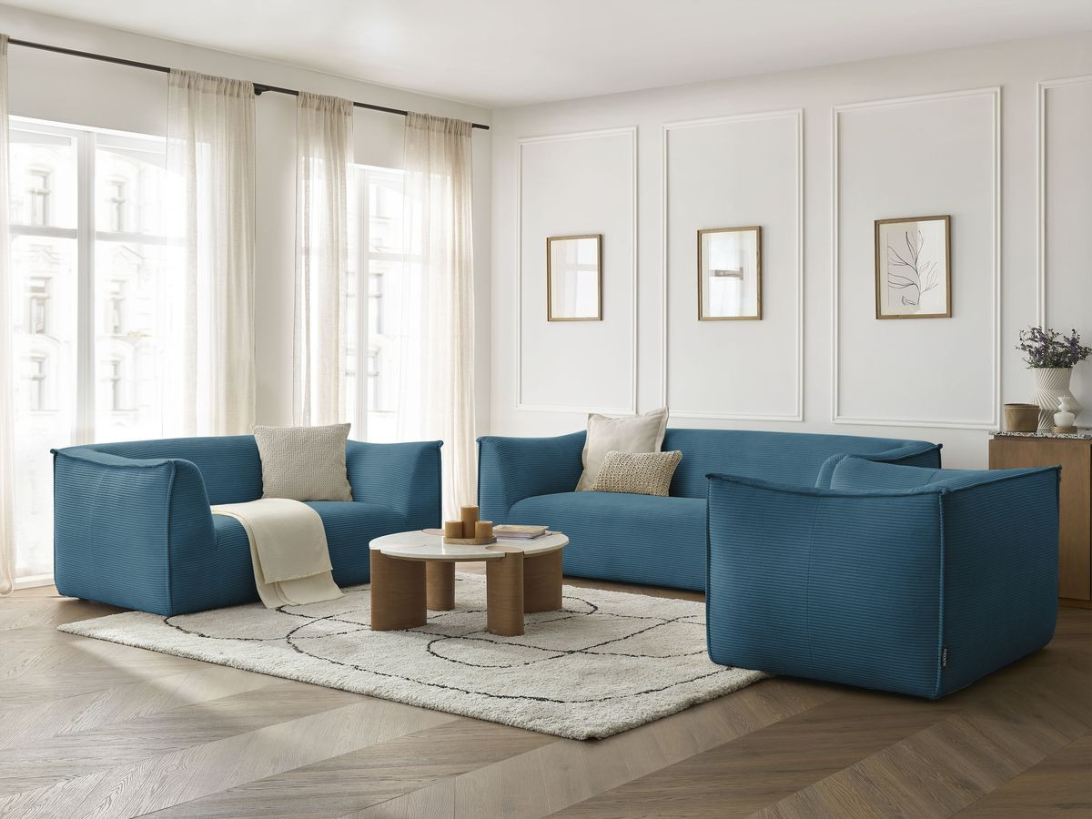 Ensemble canapé droit fixe 3 + 2 places + fauteuil GIORGIA velours côtelé bleu clair   BOBOCHIC