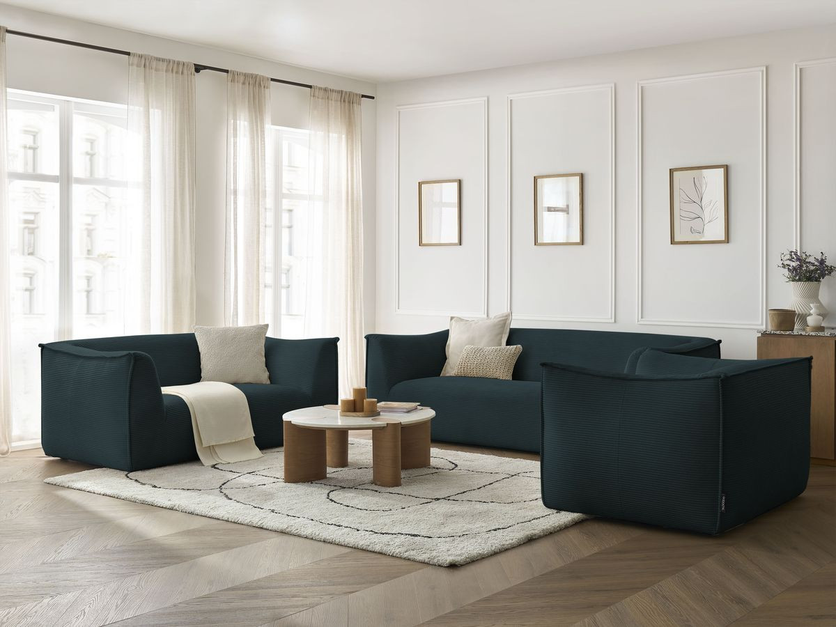 Ensemble canapé droit fixe 3 + 2 places + fauteuil GIORGIA velours côtelé bleu foncé   BOBOCHIC