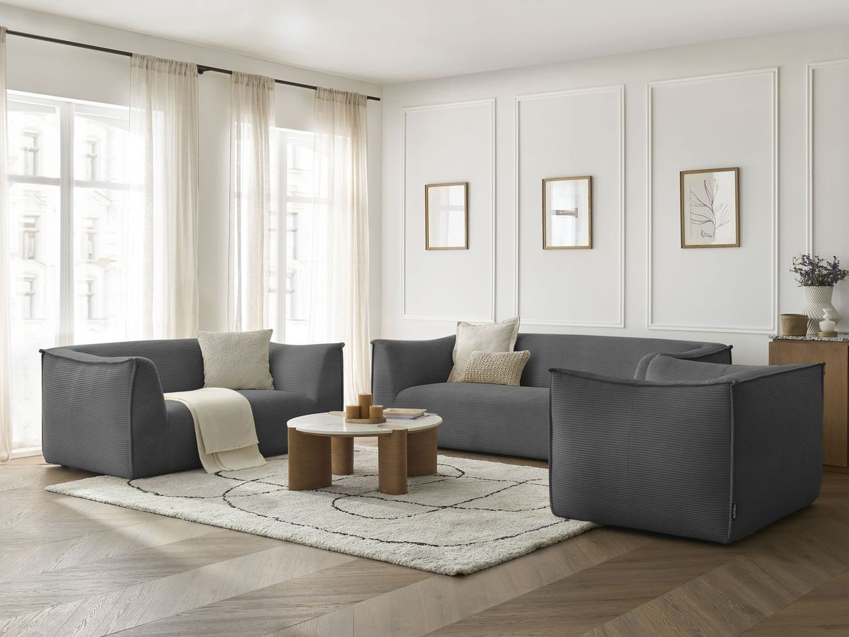 Ensemble canapé droit fixe 3 + 2 places + fauteuil GIORGIA velours côtelé gris foncé   BOBOCHIC