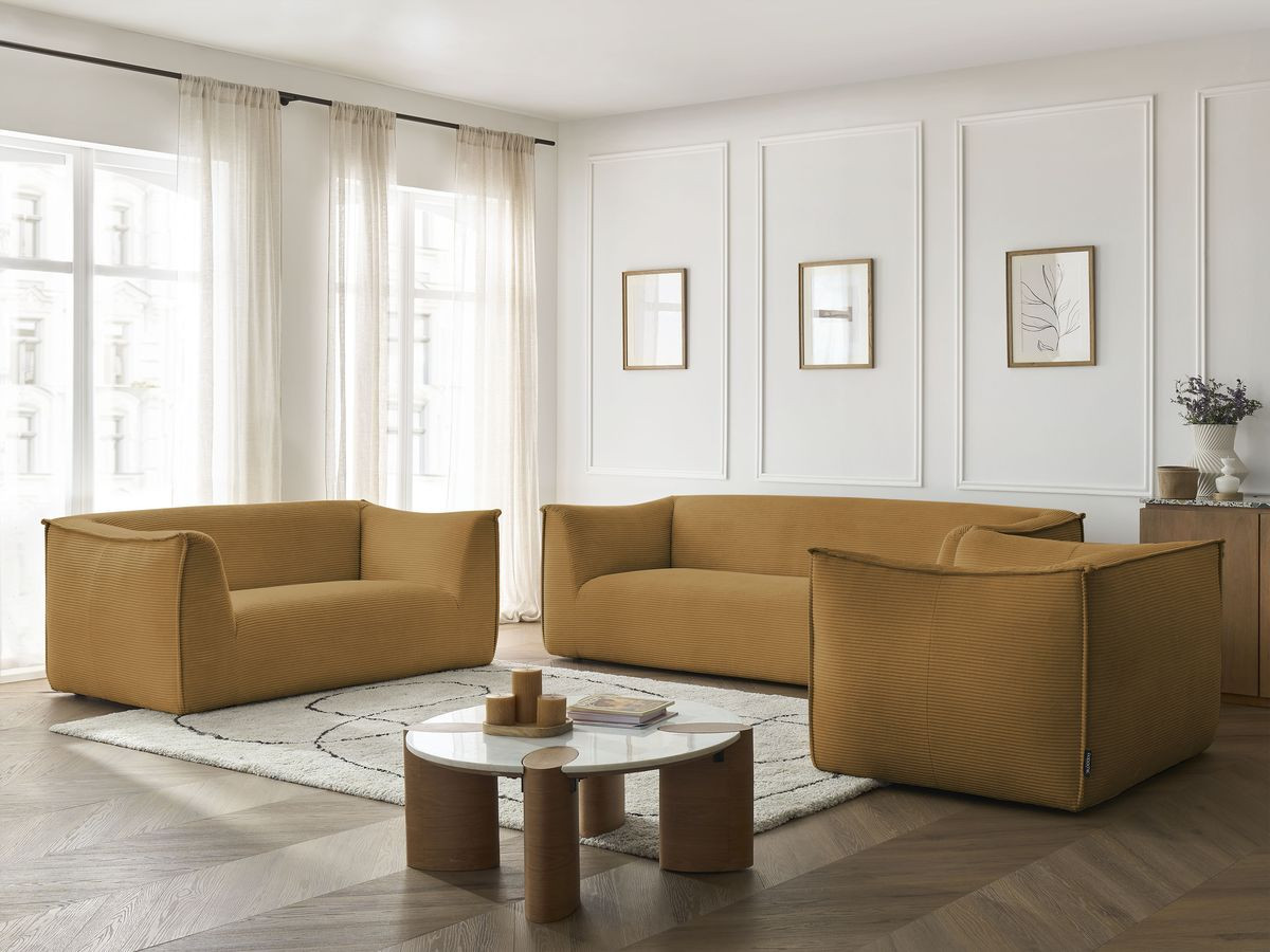 Ensemble canapé droit 3 + 2 places + fauteuil GIORGIA velours côtelé jaune — vue 6