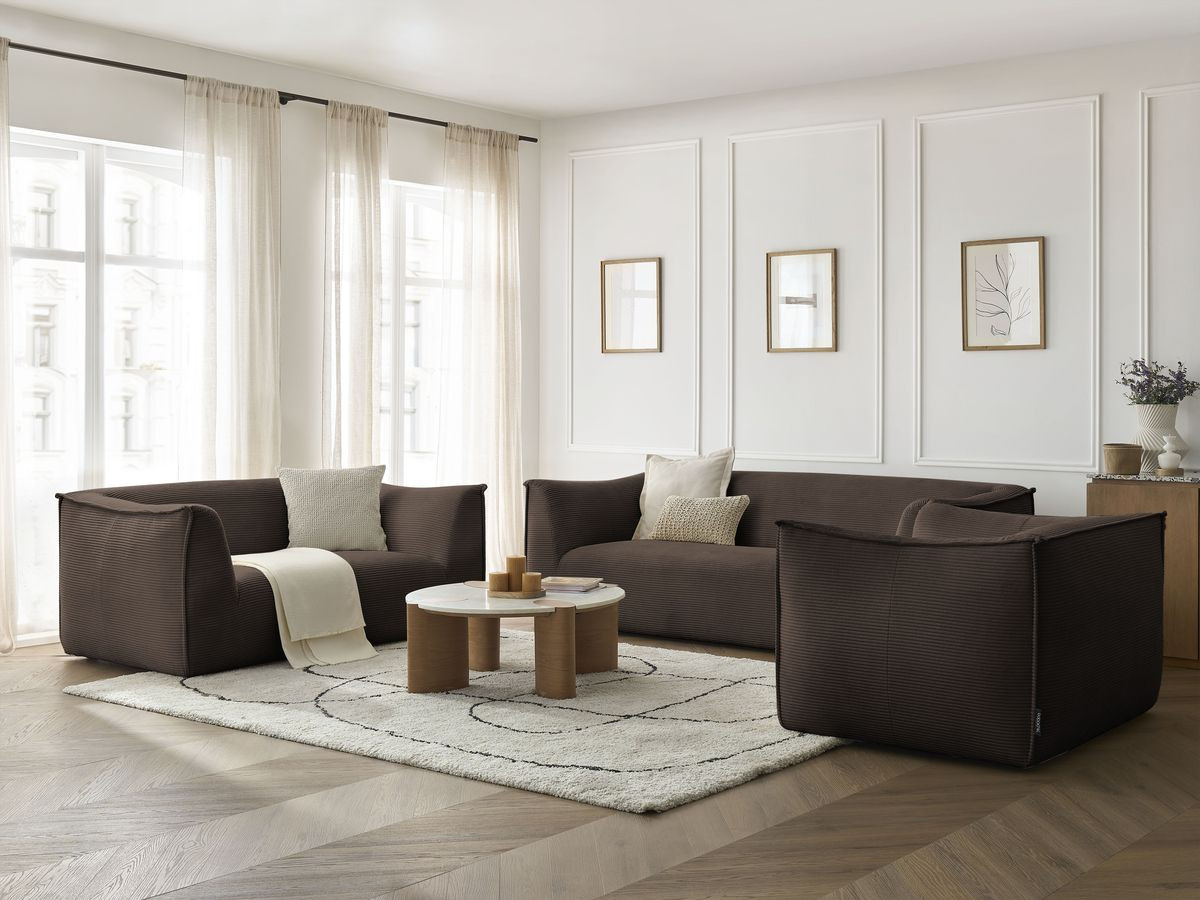 Ensemble canapé droit fixe 3 + 2 places + fauteuil GIORGIA velours côtelé marron   BOBOCHIC