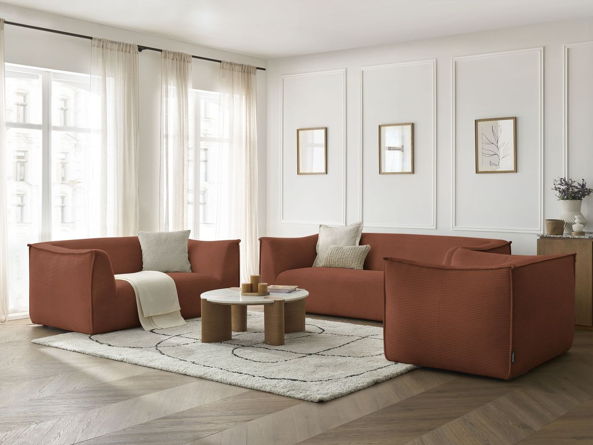 Ensemble canapé droit fixe 3 + 2 places + fauteuil GIORGIA velours côtelé orange   BOBOCHIC