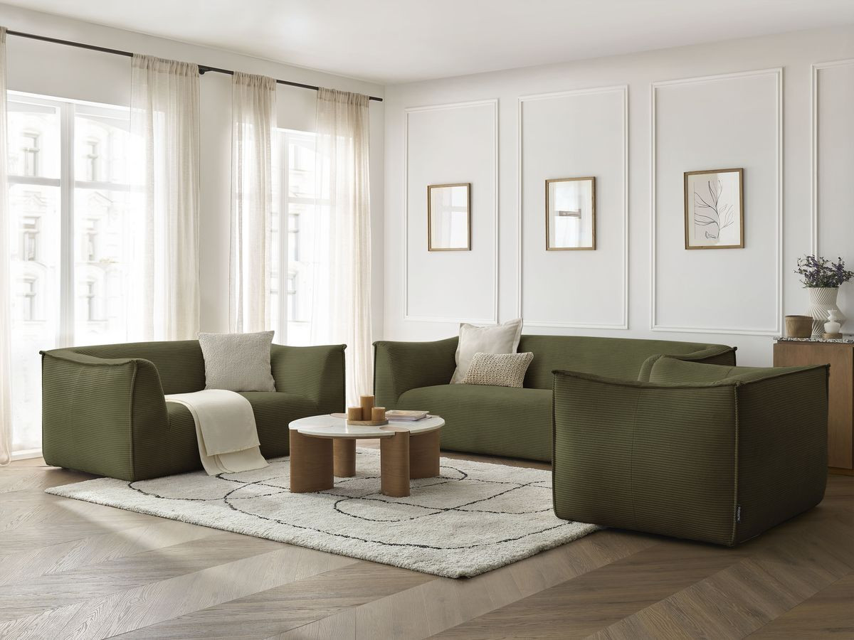 Ensemble canapé droit fixe 3 + 2 places + fauteuil GIORGIA velours côtelé vert   BOBOCHIC