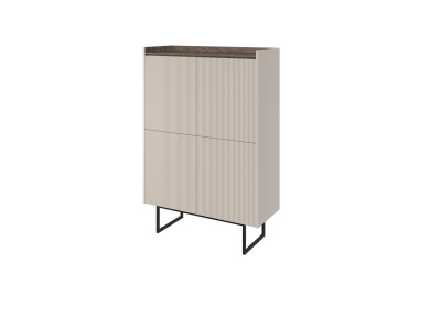 Buffet haut 4 portes 98 cm LOUNA beige et effet bois avec tasseaux et LED