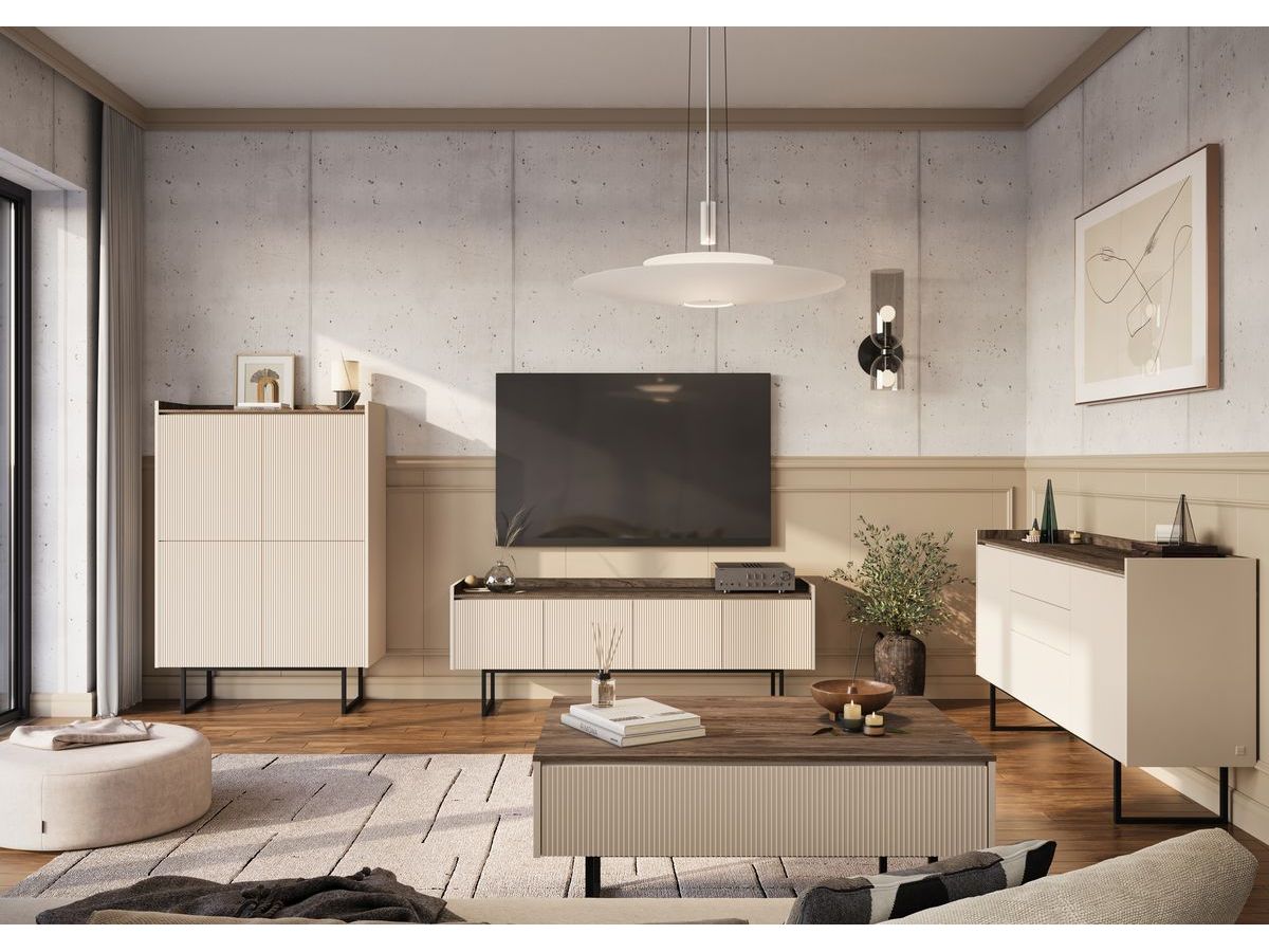 LOUNA 2-deurs dressoir 166 cm beige en houtlook met lamellen en ledverlichting