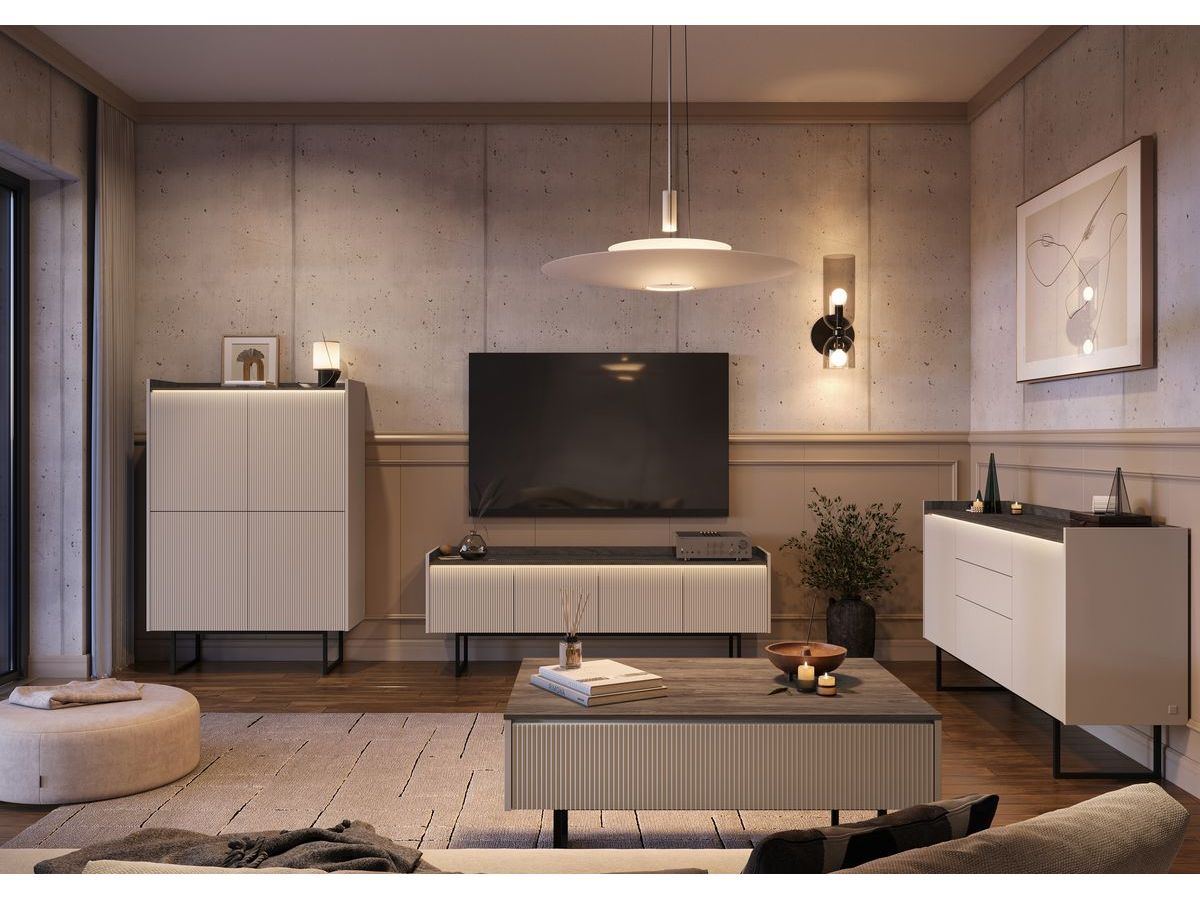 LOUNA 2-deurs dressoir 166 cm beige en houtlook met lamellen en ledverlichting
