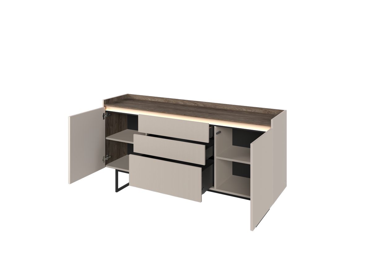 LOUNA 2-deurs dressoir 166 cm beige en houtlook met lamellen en ledverlichting