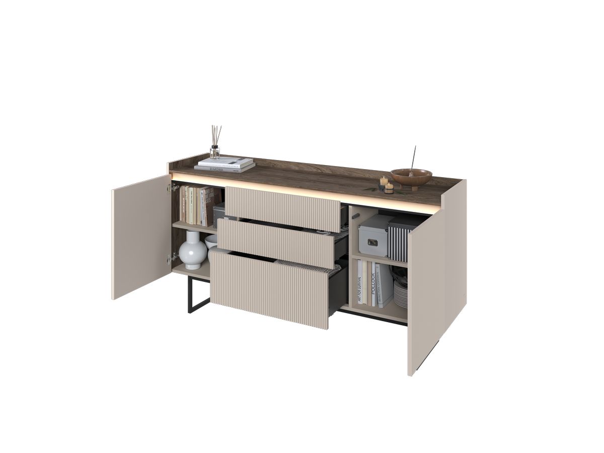 LOUNA 2-deurs dressoir 166 cm beige en houtlook met lamellen en ledverlichting