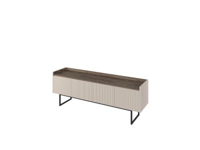 Meuble TV 4 portes 166 cm LOUNA beige et effet bois avec tasseaux et LED