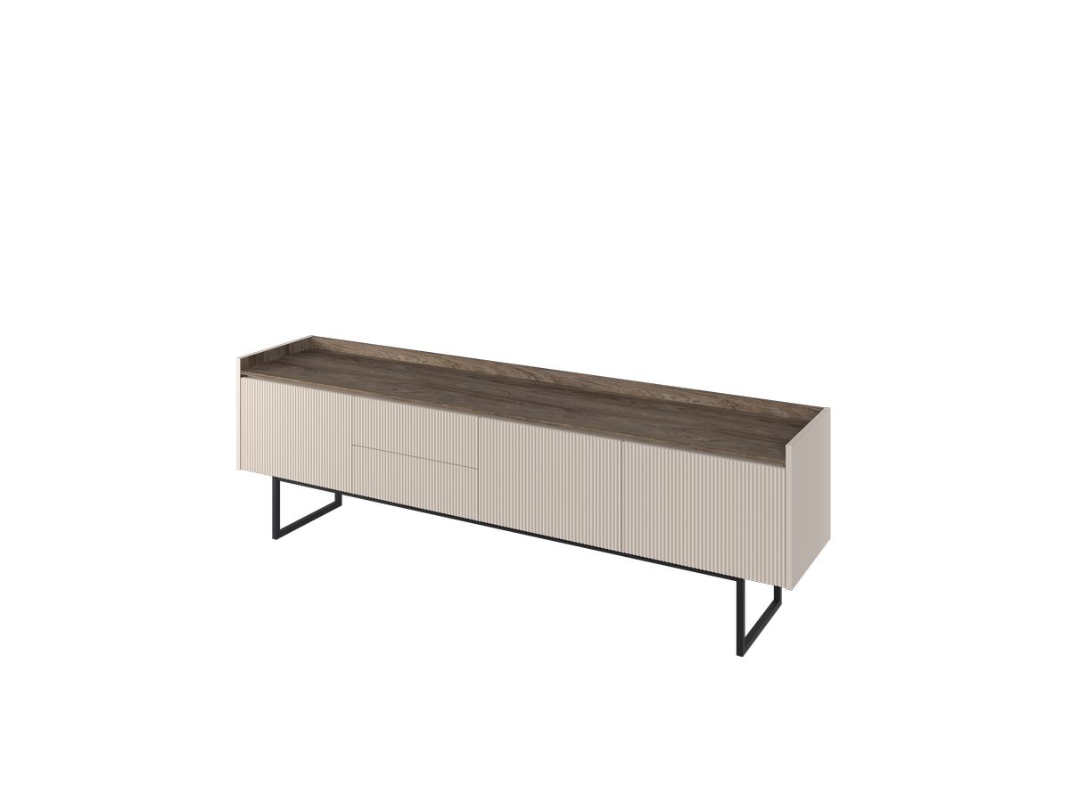 Meuble TV 3 portes 192 cm LOUNA beige et effet bois avec tasseaux et LED