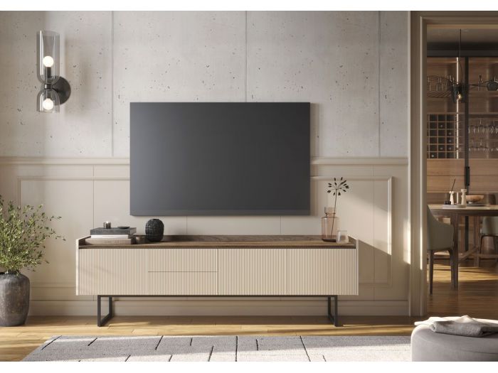 Meuble TV 192 cm LOUNA beige et effet bois avec tasseaux et LED