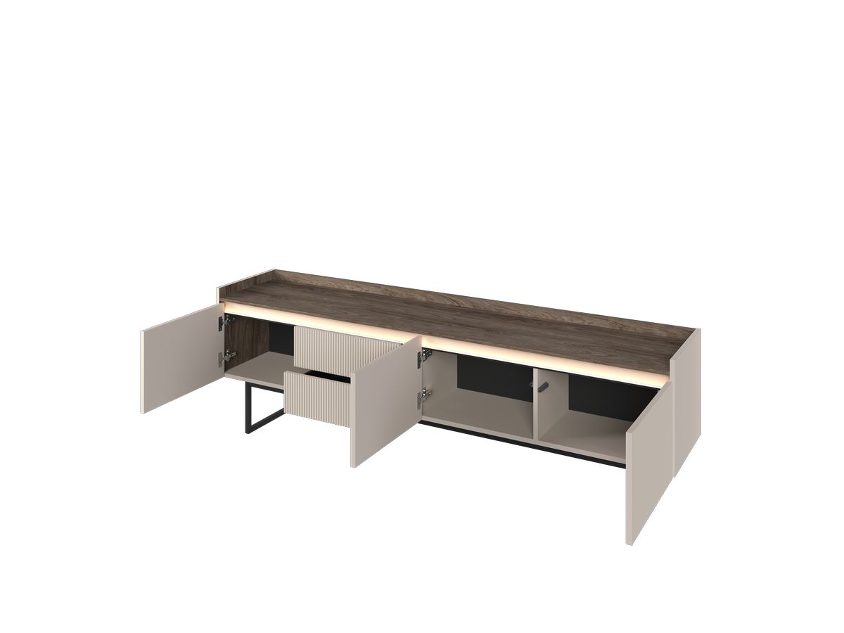 Meuble TV 3 portes 192 cm LOUNA beige et effet bois avec tasseaux et LED
