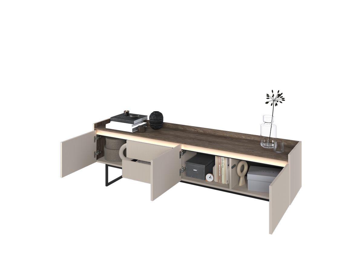 LOUNA 3-deurs tv-meubel 192 cm beige en houtlook met noppen en led-verlichting
