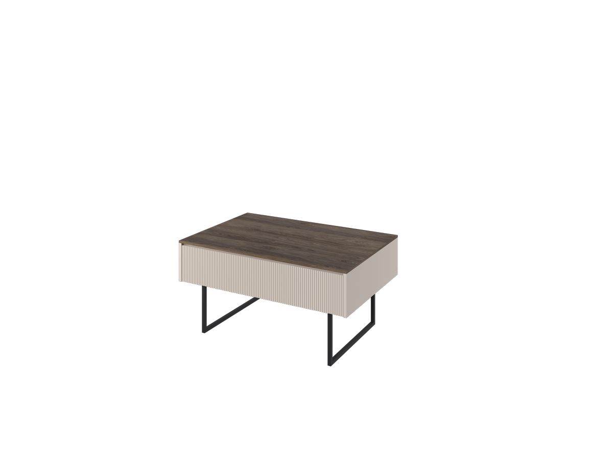 Table basse 1 porte 100 cm LOUNA beige et effet bois avec tasseaux et LED
