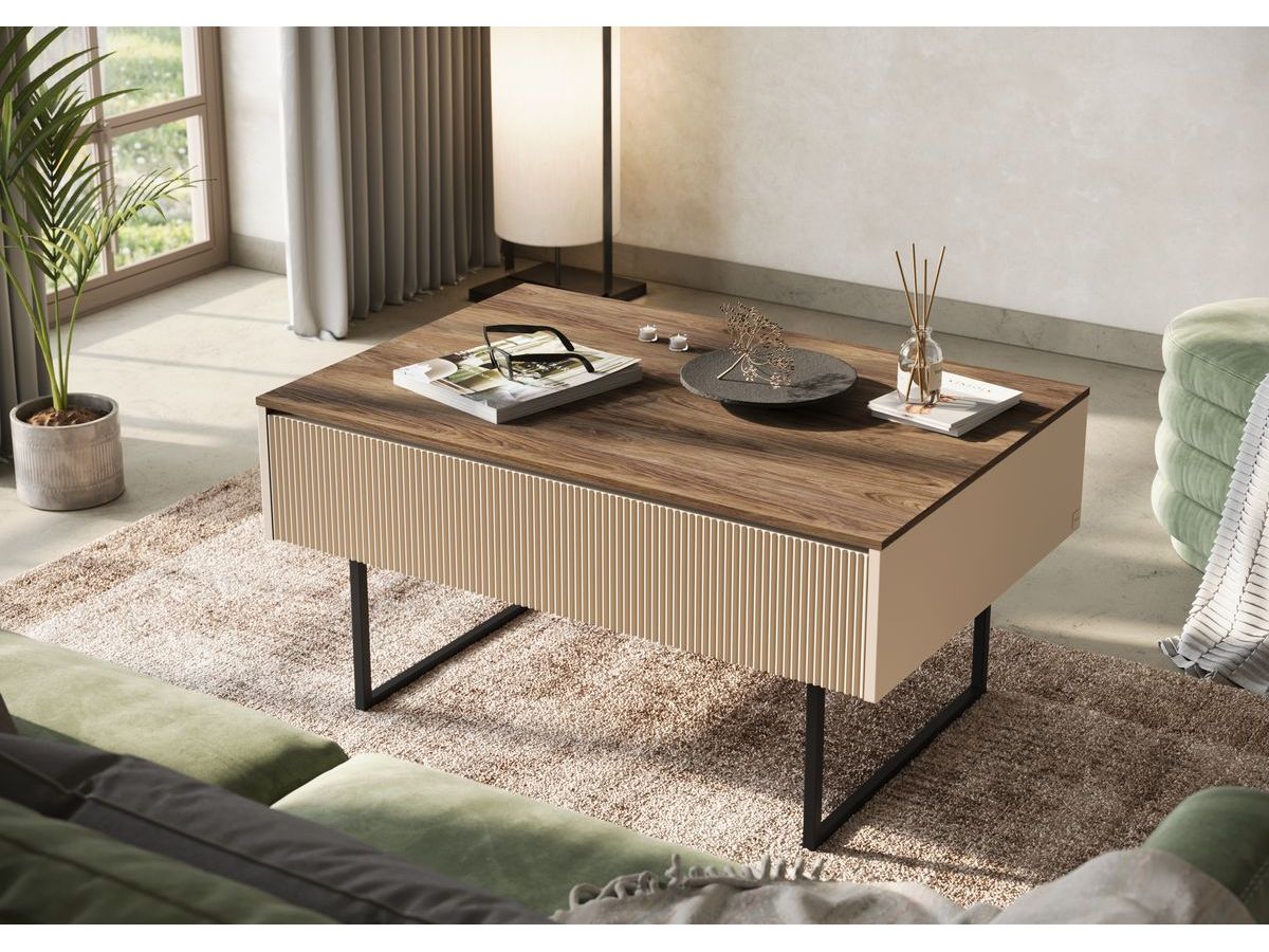 Table basse 1 porte 100 cm LOUNA beige et effet bois avec tasseaux et LED