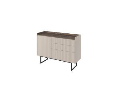 Commode 3 tiroirs 1 porte 118 cm LOUNA beige et effet bois avec tasseaux et LED