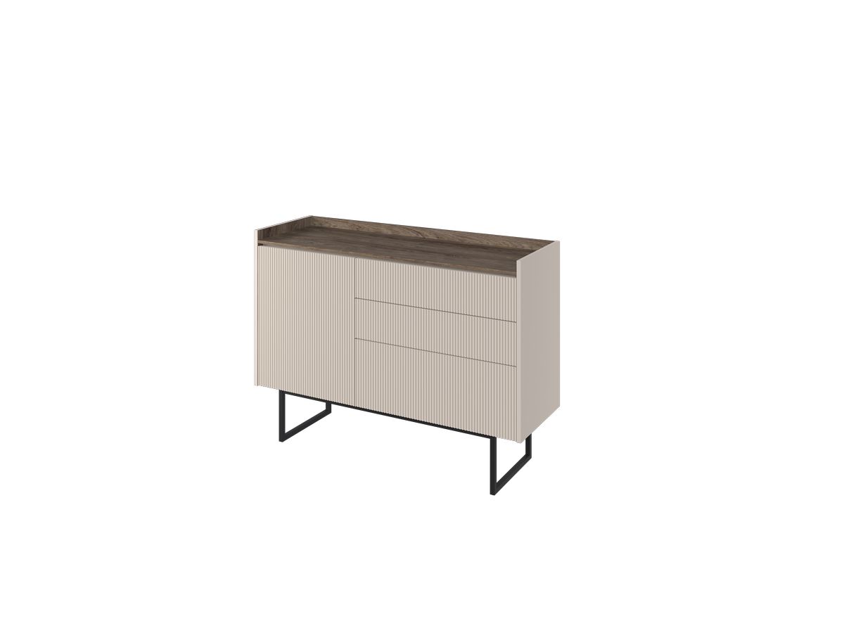 Ladekast met 3 laden en 1 deur, 118 cm, LOUNA, beige en houtlook, met noppen en ledverlichting