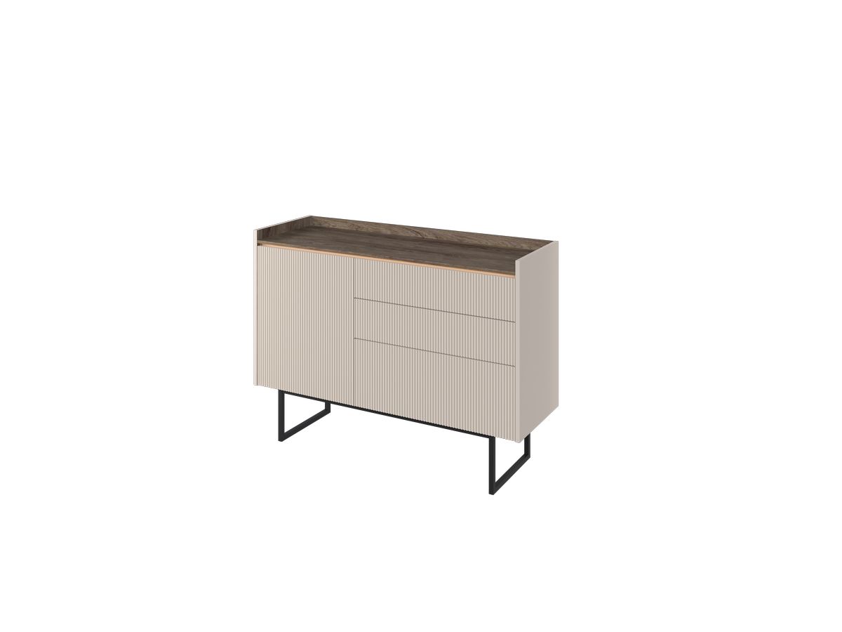 Ladekast met 3 laden en 1 deur, 118 cm, LOUNA, beige en houtlook, met noppen en ledverlichting