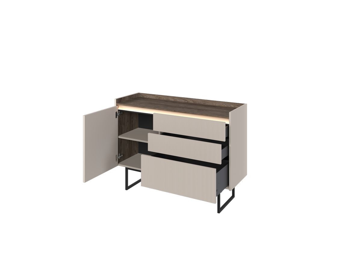 Commode 3 tiroirs 1 porte 118 cm LOUNA beige et effet bois avec tasseaux et LED — vue 6