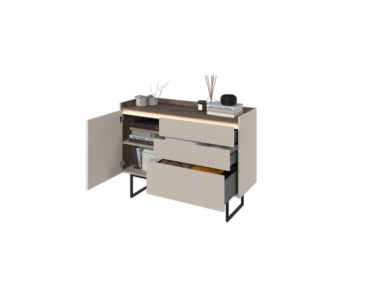 Ladekast met 3 laden en 1 deur, 118 cm, LOUNA, beige en houtlook, met noppen en ledverlichting