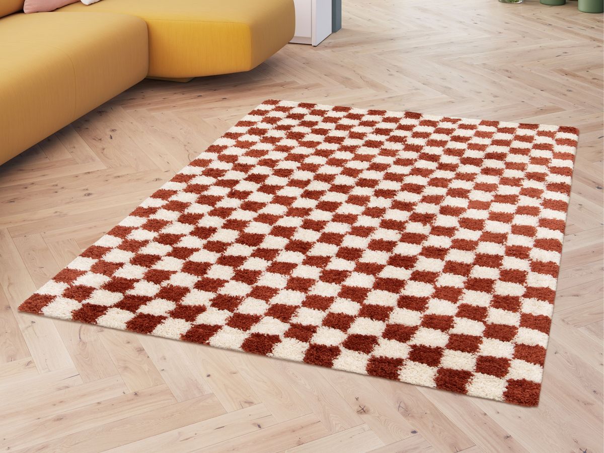 Tapis poils longs DAMIEN motifs damier orange — vue 6