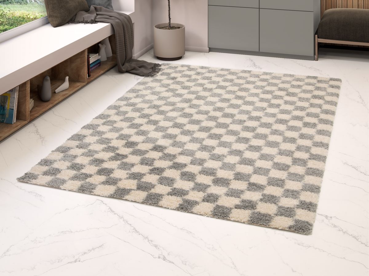 Tapis poils longs DAMIEN motifs damier gris — vue 6