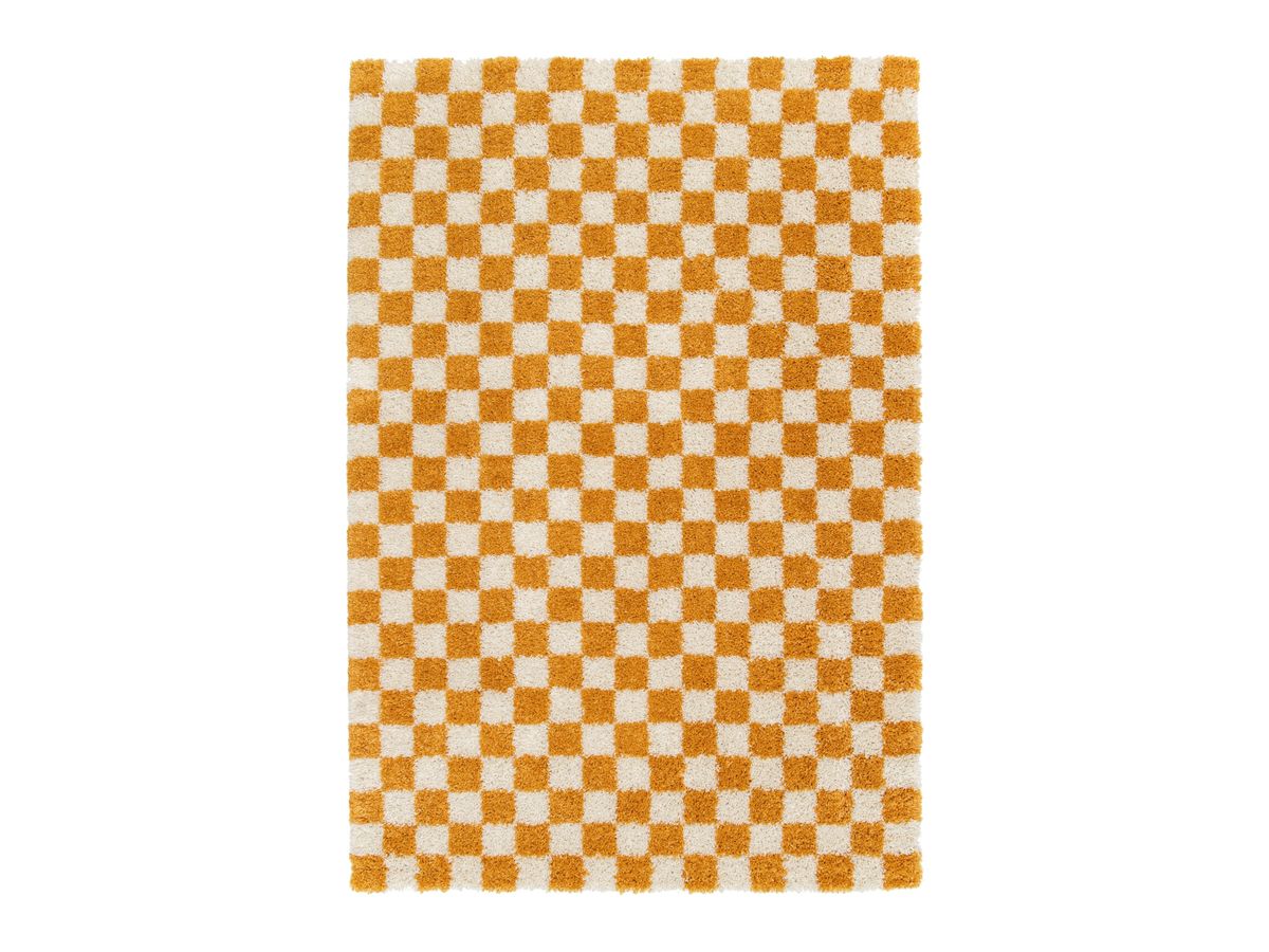 Tapis poils longs DAMIEN motifs damier jaune