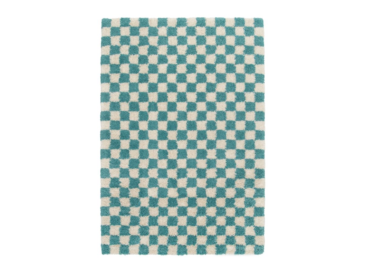Tapis poils longs DAMIEN motifs damier bleu clair