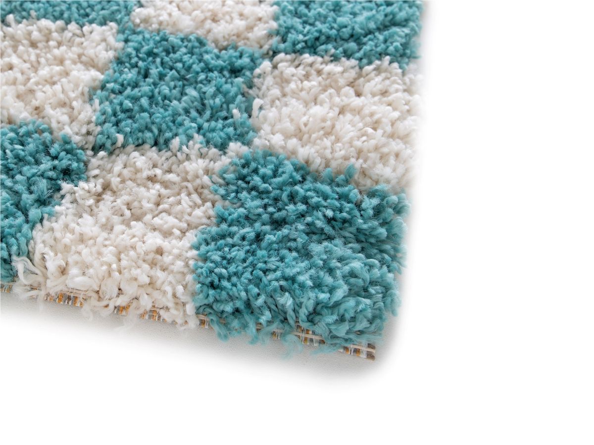 Tapis poils longs DAMIEN motifs damier bleu clair — vue 6