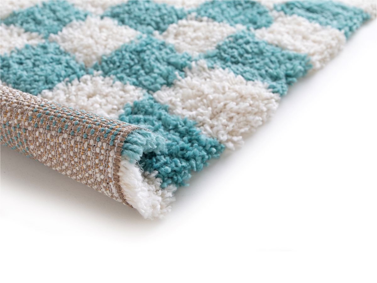 Tapis poils longs DAMIEN motifs damier bleu clair — vue 4