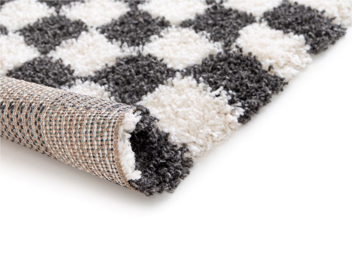 Tapis poils longs DAMIEN motifs damier noir — vue 4