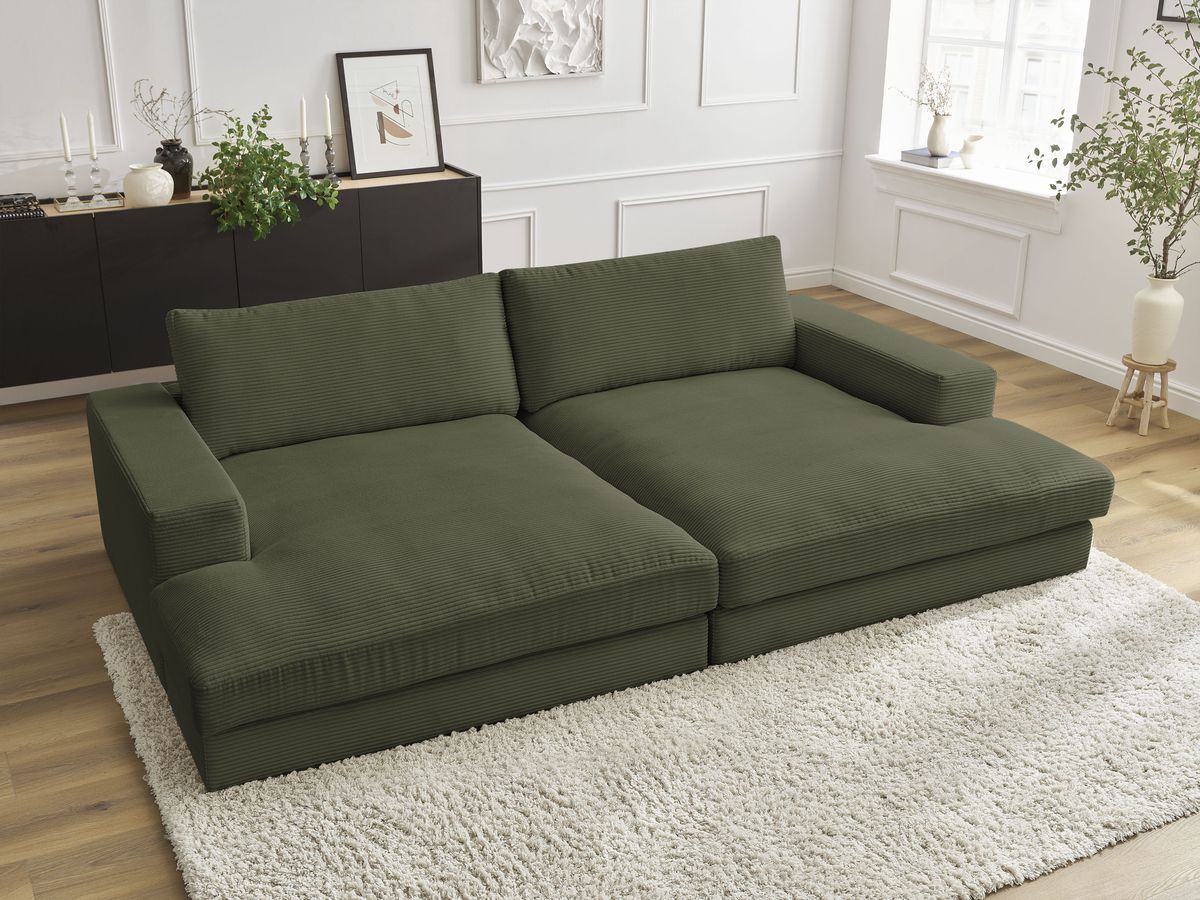 Canapé droit 4 places compact LEONARD assise profonde velours côtelé vert clair — vue 5