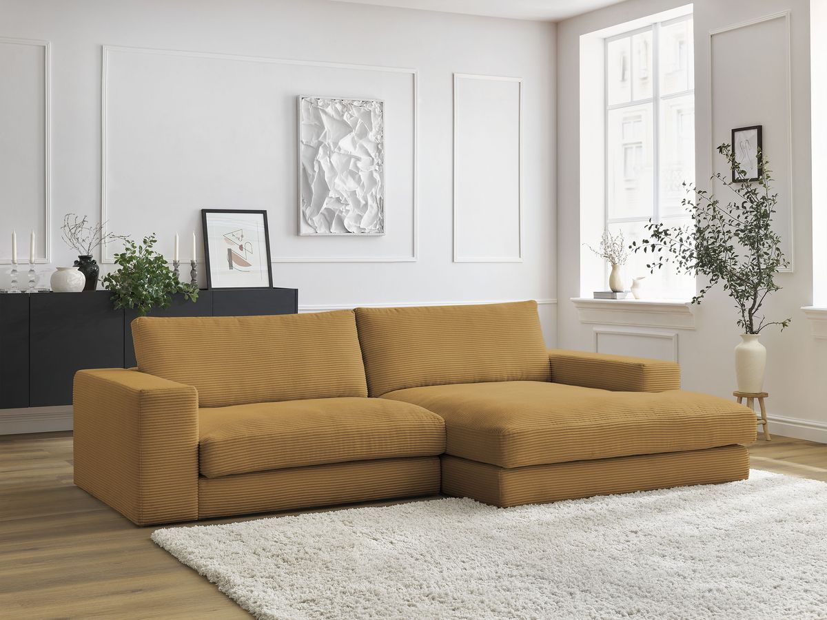 Canapé d'angle fixe EVEREST tissu chiné - Orange - Angle droit - 10 coussins
