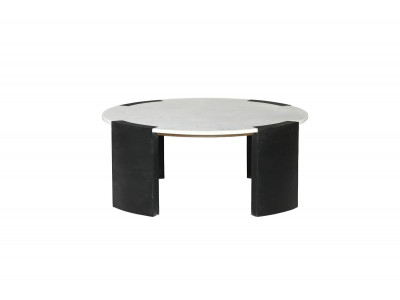 Table basse ronde D.85 cm TORVI plateau marbre et pieds bois massif de manguier noir