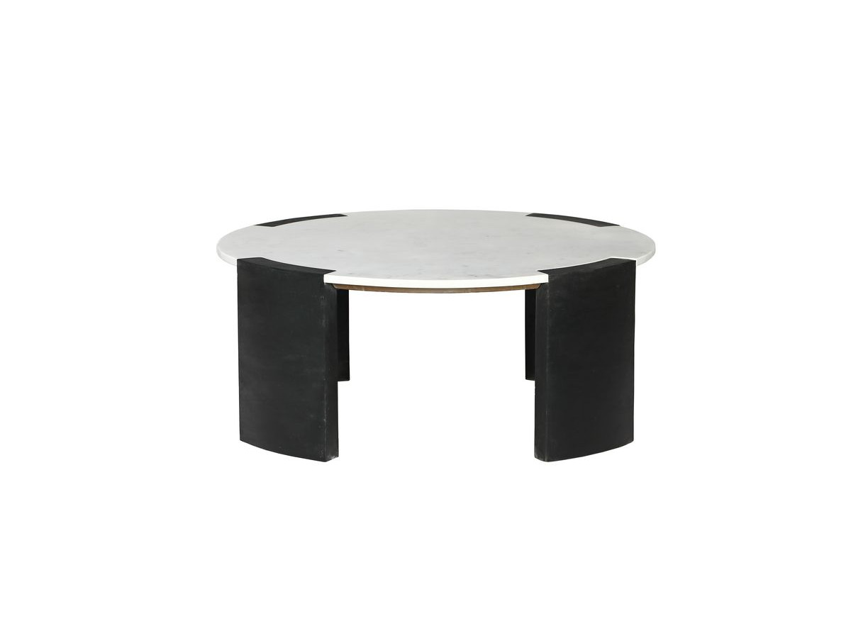 Table basse ronde D.85 cm TORVI plateau marbre et pieds bois massif de manguier noir — vue 3