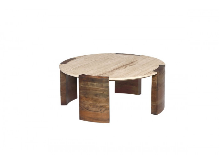 Table basse ronde D.85 cm TORVI plateau travertin et pieds bois massif d'acacia