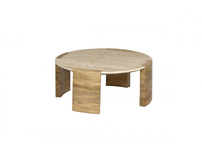 Table basse ronde D.85 cm TORVI plateau travertin et pieds bois massif de manguier clair