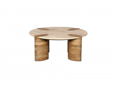 Table basse ronde D.90 cm CERSEÏ plateau travertin et pieds bois massif de manguier clair