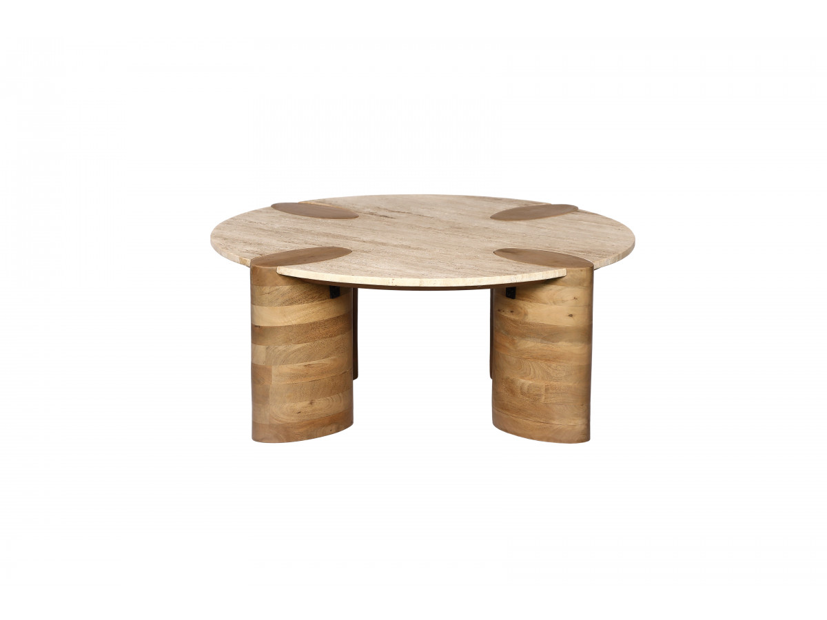 Table basse ronde D.90 cm CERSEÏ plateau travertin et pieds bois massif de manguier clair — vue 3