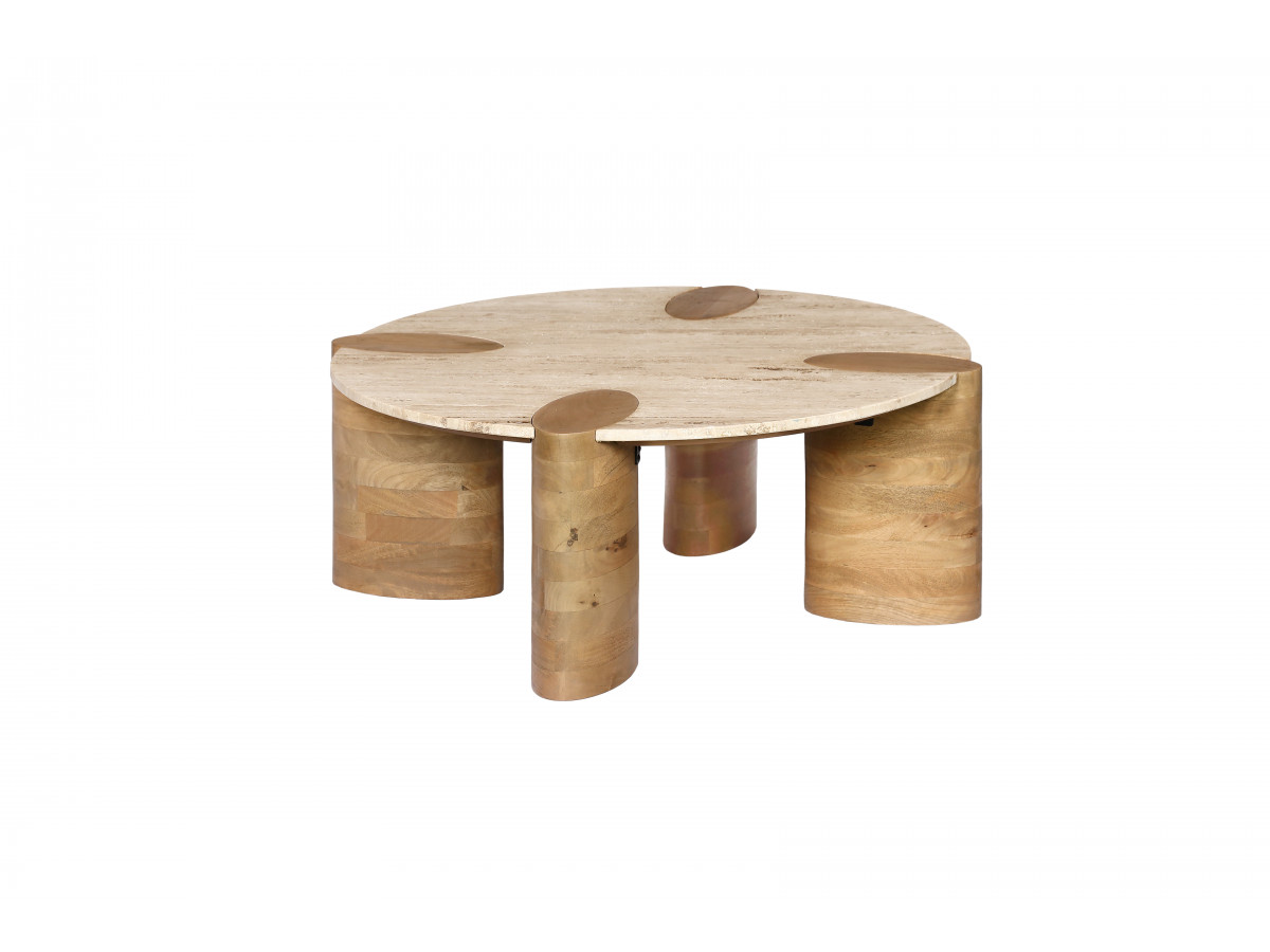 Ronde salontafel D.90 cm CERSEÏ travertijn blad en massief licht mangohouten poten