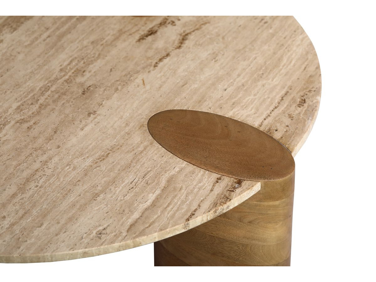Ronde salontafel D.90 cm CERSEÏ travertijn blad en massief licht mangohouten poten