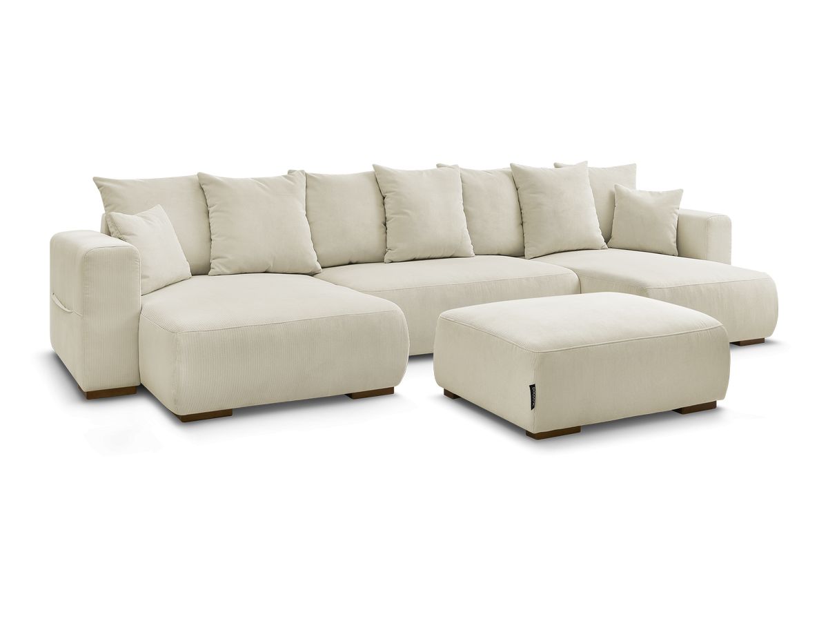 Canapé panoramique convertible réversible coffre SIDONIE velours côtelé avec pouf