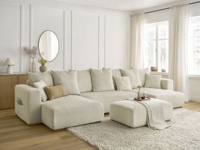 Canapé panoramique convertible réversible coffre SIDONIE velours côtelé avec pouf