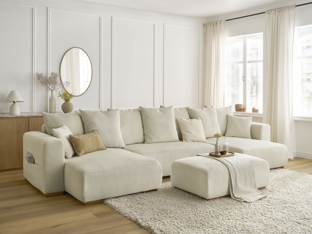 Canapé panoramique convertible réversible coffre SIDONIE velours côtelé avec pouf