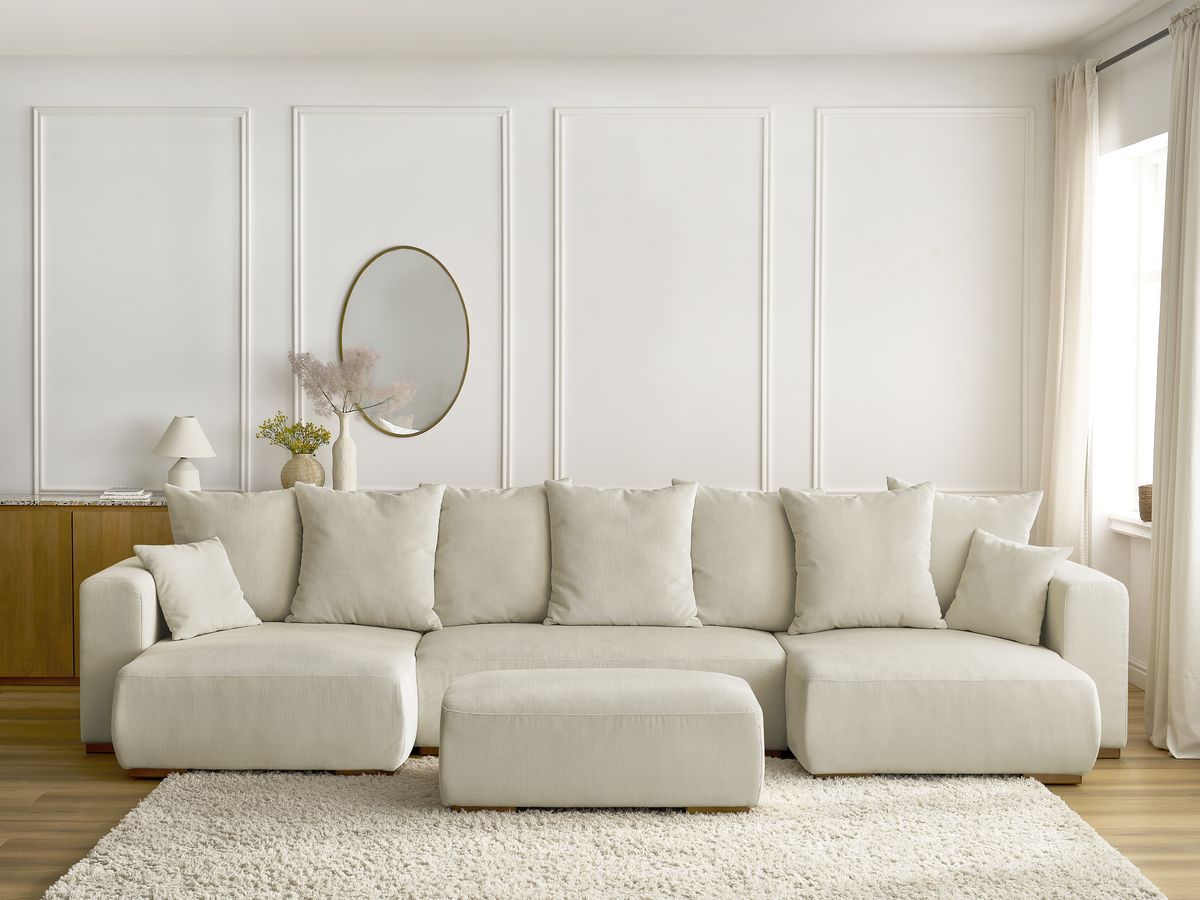 Canapé panoramique convertible réversible coffre SIDONIE velours côtelé avec pouf beige — vue 5