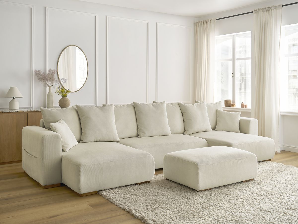 Canapé panoramique convertible réversible coffre SIDONIE velours côtelé avec pouf