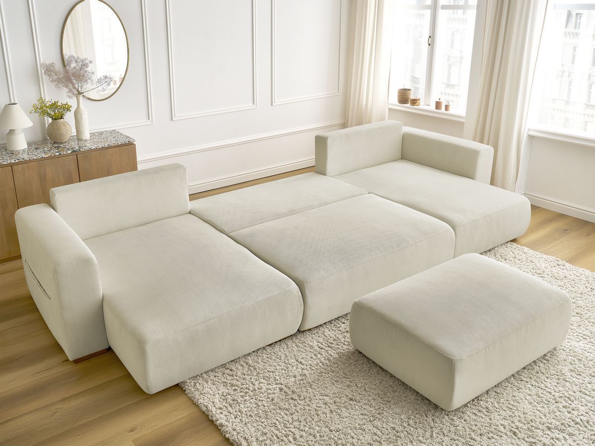 Canapé panoramique convertible réversible coffre SIDONIE velours côtelé avec pouf