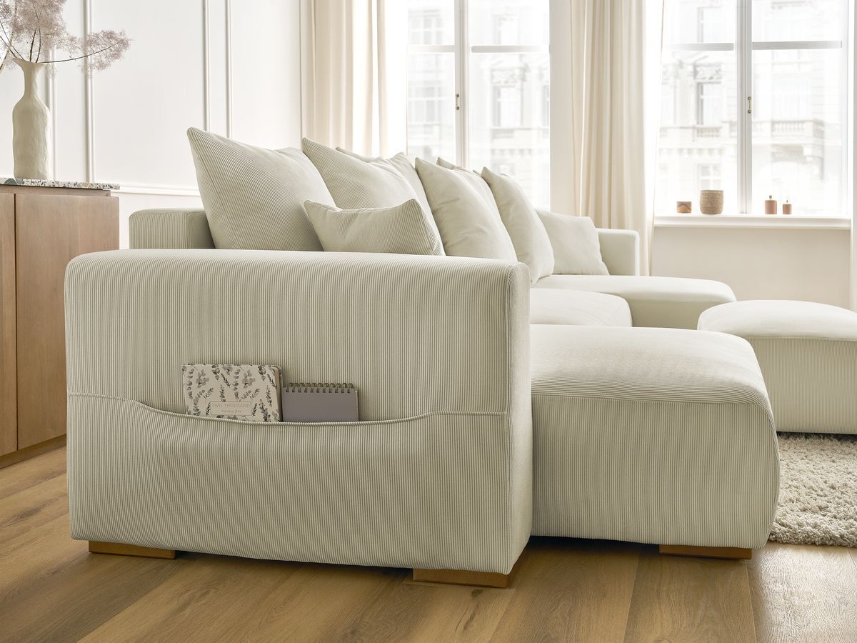Canapé panoramique convertible réversible coffre SIDONIE velours côtelé avec pouf