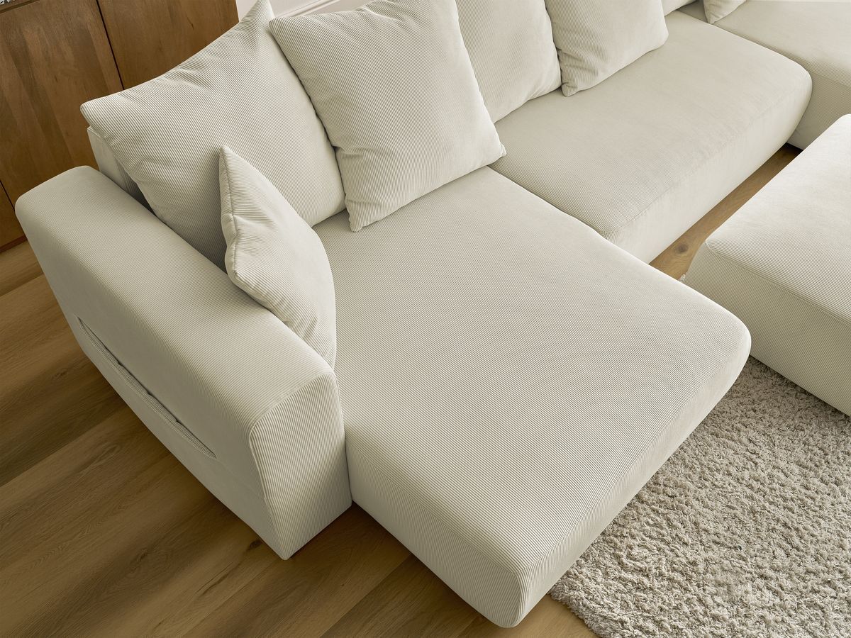 Canapé panoramique convertible réversible coffre SIDONIE velours côtelé avec pouf